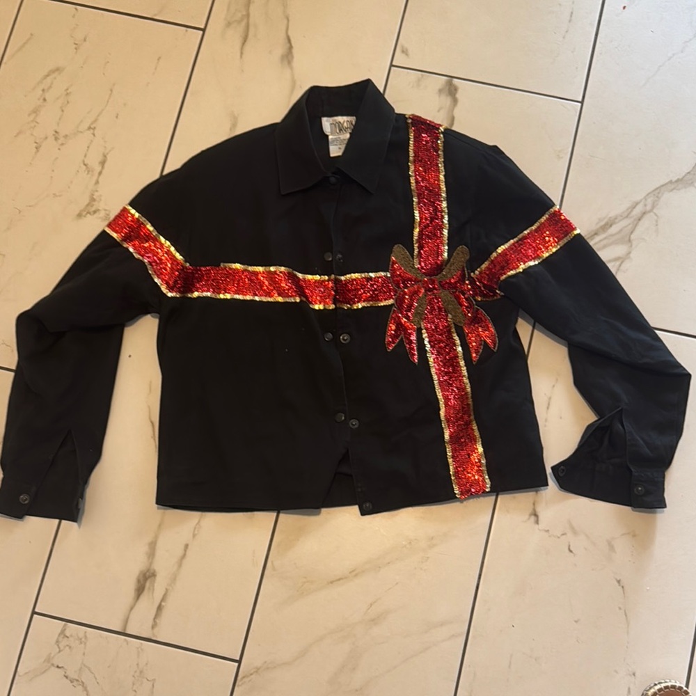 Black Jacket with Red Sequin Ribbon Design